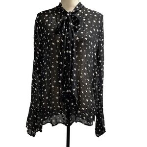 Denim & Supply Top Black Star Print‎ Sheer Chiffon Button Down Blouse Size L USA